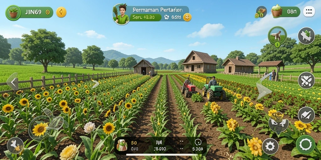 Screenshot JIN69 menampilkan petani di ladang hijau subur.