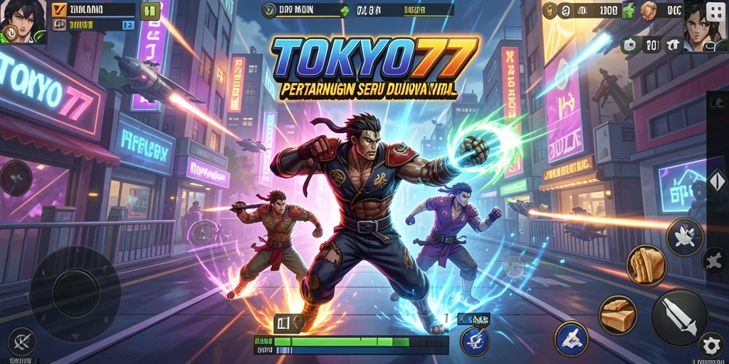 Tangkapan layar gameplay TOKYO77 menampilkan pertarungan yang intens.