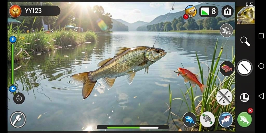 Tampilan gameplay YY123 yang menampilkan aksi menangkap ikan.